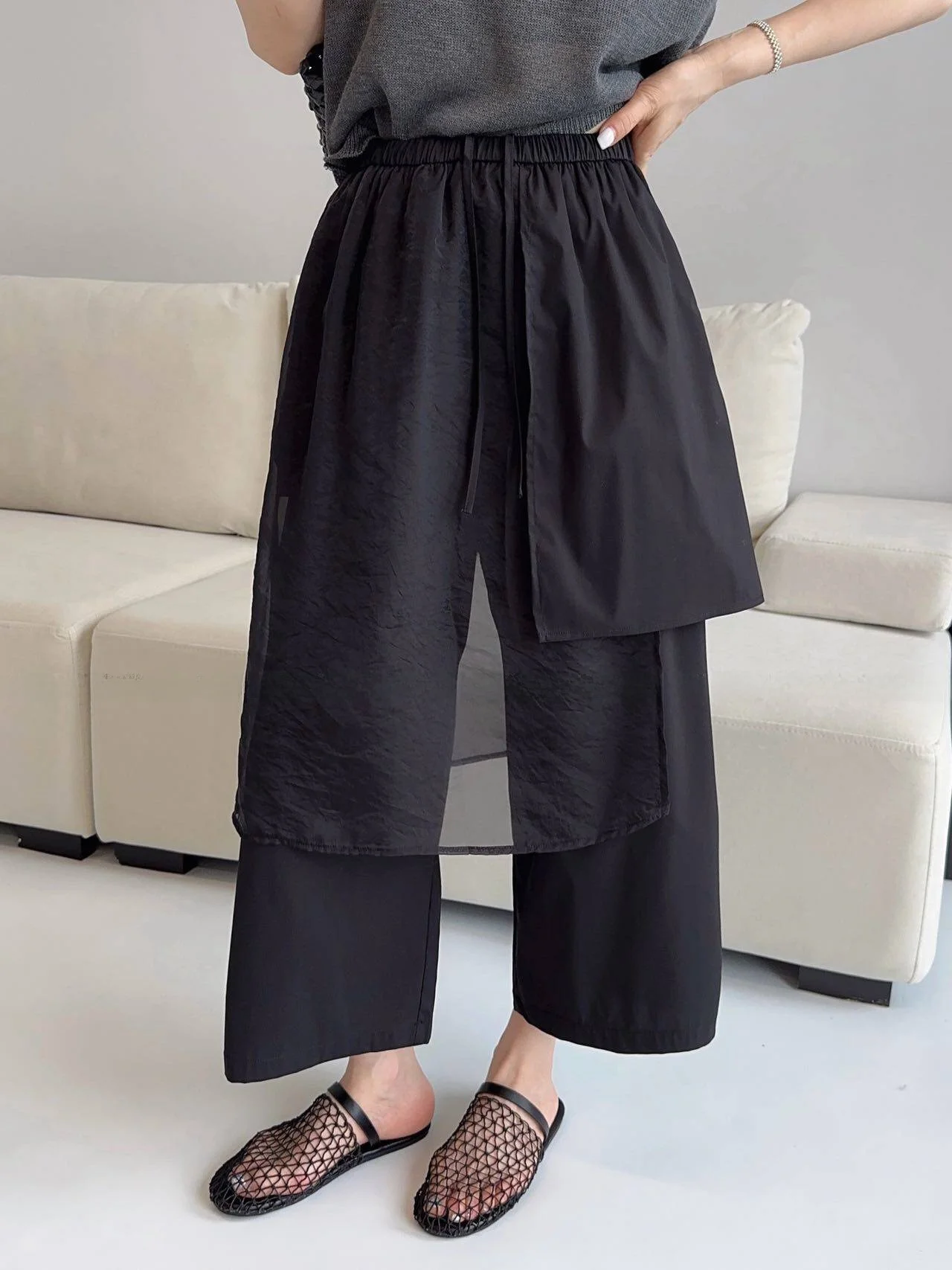

High Waist Wide Leg Pants Women's Summer Fashionable Splicing Nine Points Casual Straight Cut Pants Korean Style Commute