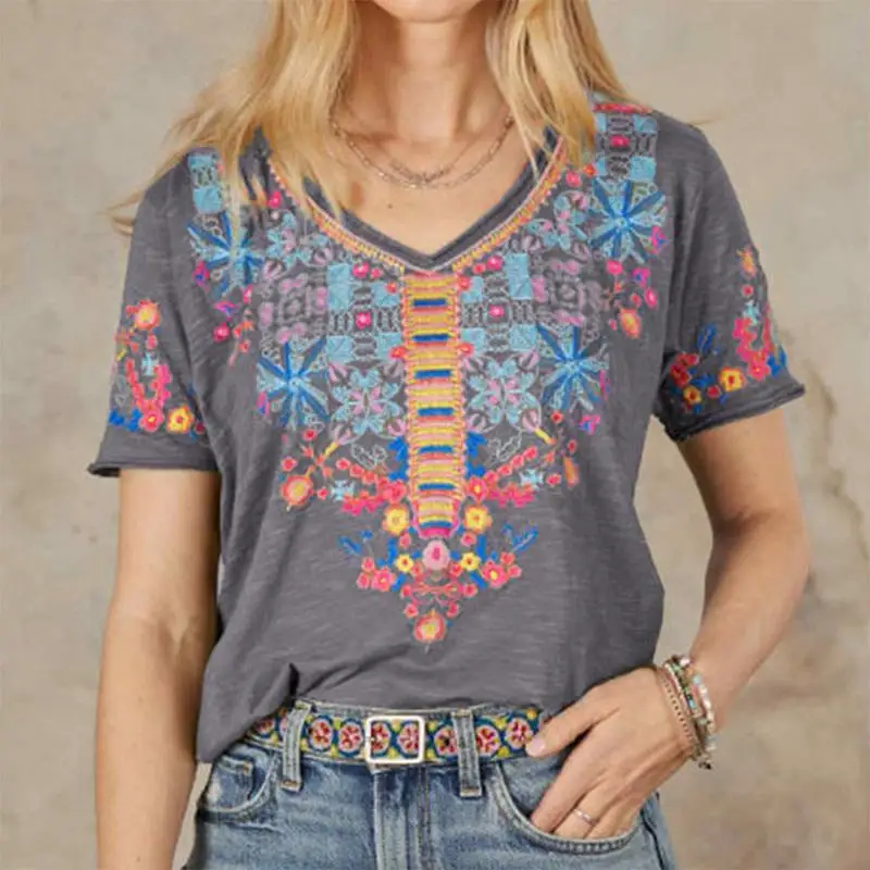 Women Loose V Neck T-Shirt Vintage Ethnic Tribal Geometric Flower Embroidery Effect Print Blouse