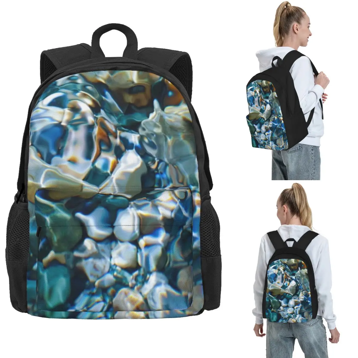 Crystal Clear Water Pebbles Backpack Hot Sale Daypack Large Capacity Children BookBag School Bag Shoulder Bags for Men Women