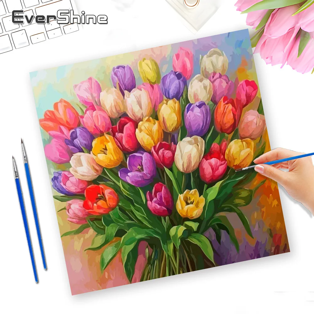 Evershine Digital Oil Painting Flower Colorful Canvas Drawing By Numbers Set Tulip Picture For Living Room Home Decoration