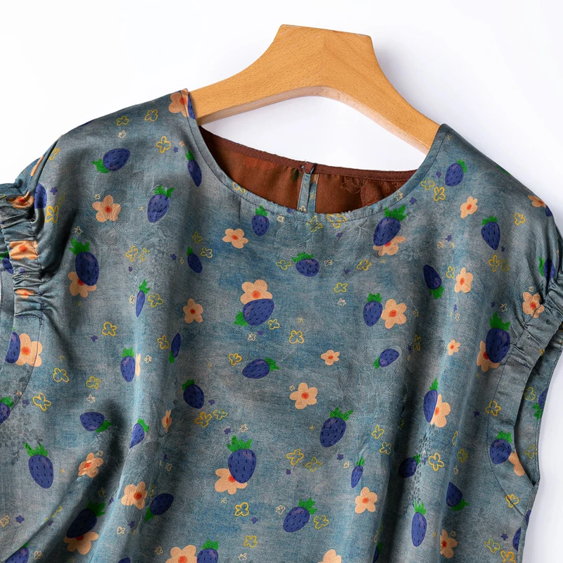 BirdTree-100%Real Silk Watered Gauze Elegant T-Shirt, O Neck Floral, Women Age Reduction Loose Top, 2026 Summer New T67157CC