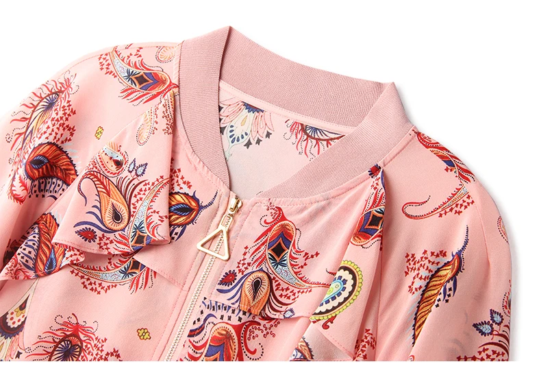 Chaqueta de seda con estampado Floral para mujer, abrigo informal de manga larga con cuello levantado, tejido ligero, nueva moda, 100%