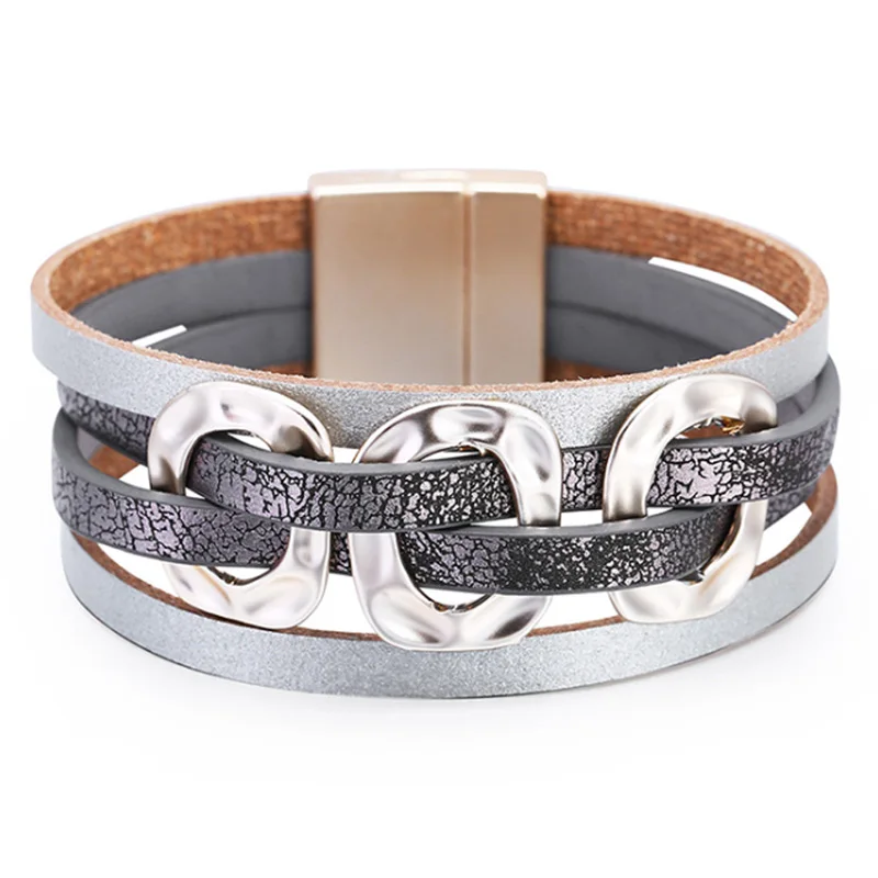 Bohemian Multilayer Leather Fashion Bracelet Geometric Wide Leather Wrap Bracelet Grey