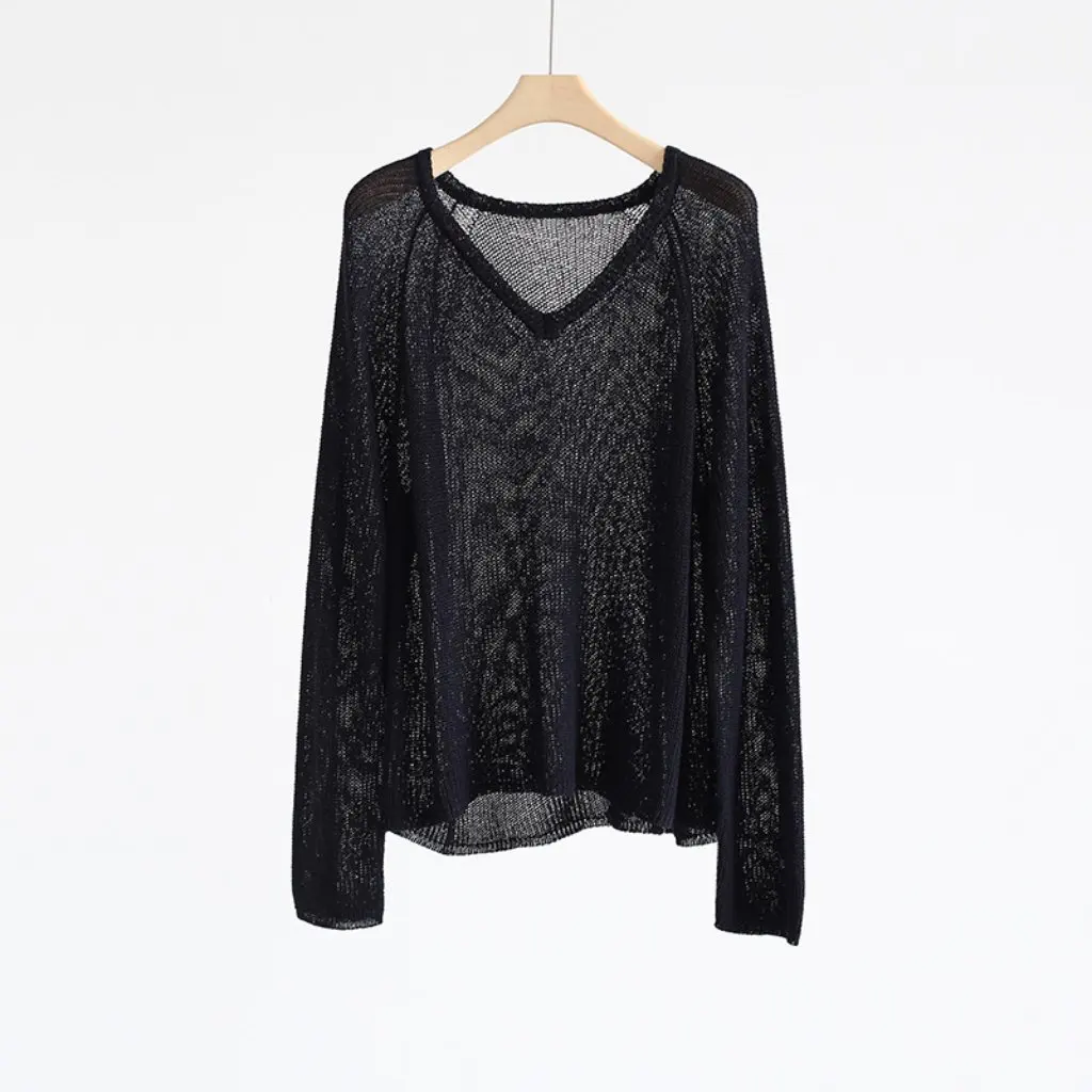 

Элегантная льняная вязаная блузка с v-образным вырезом, свободный крой, однотонный летний пуловер, топ для универсальности