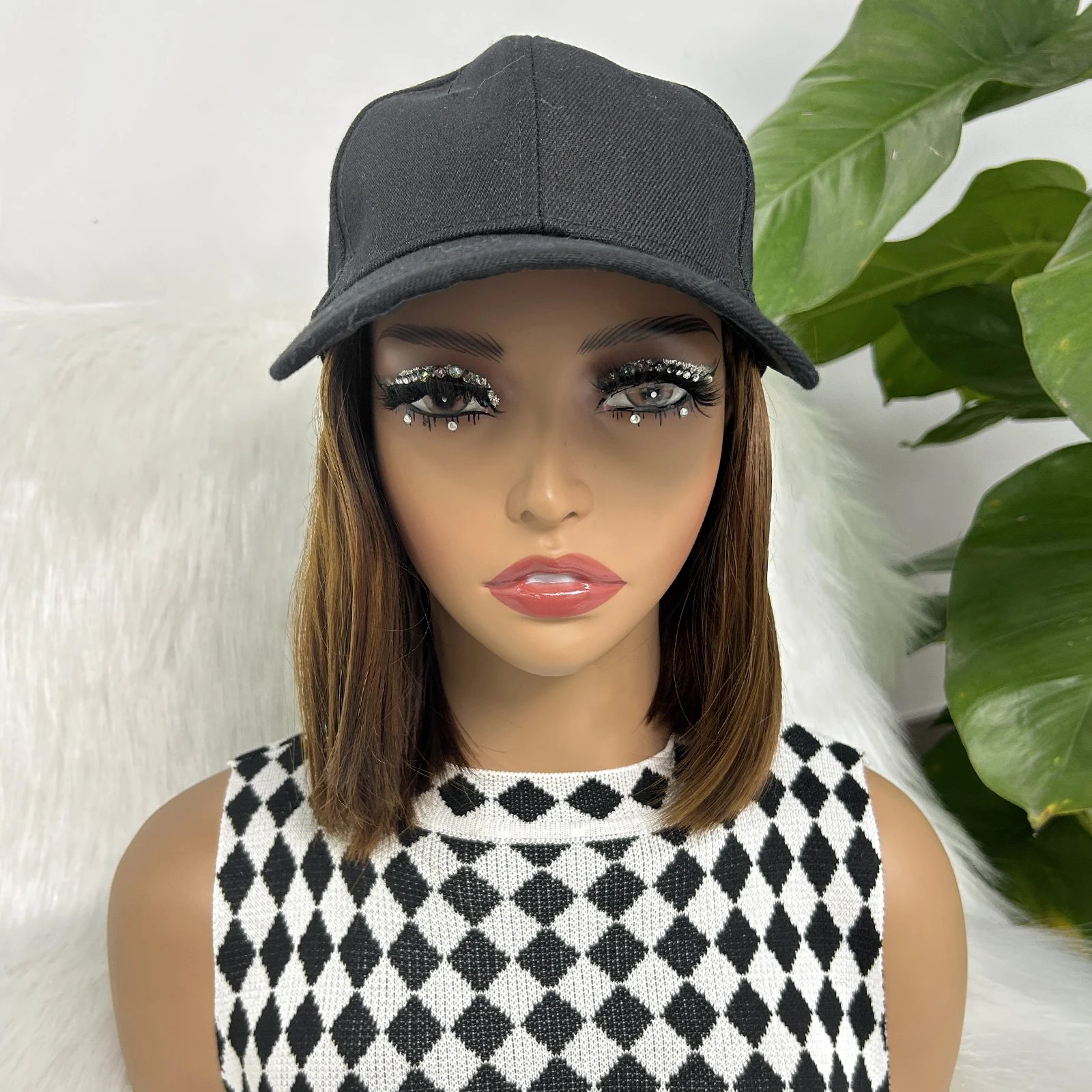 Brown Synthetic 8 inch Baseball Cap Wig Bob Wig Black Hat Wigs Cap With Hair Naturally Connect Bob Hair Baseball Cap Adjustable