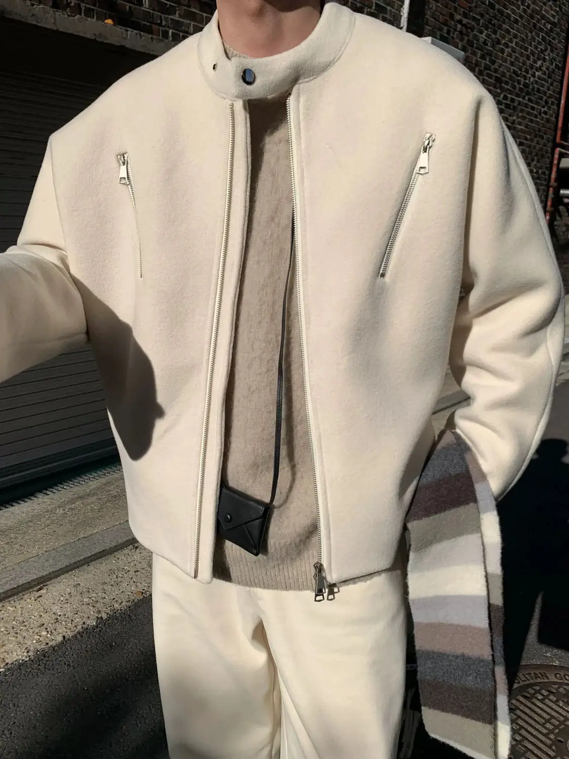 

Retro white moonlight wool short jacket, American high street zipper woolen coat for men and women