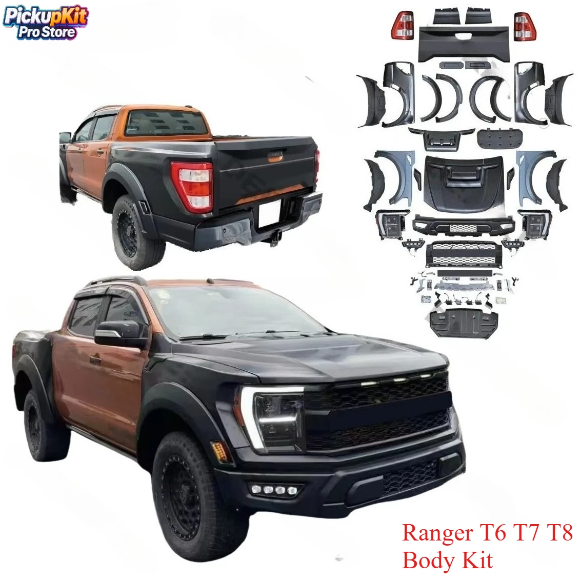 

Ranger T6 T7 T8 Body Kit F150 Raptor Style Black Steel Bumper Wide Fender Flares