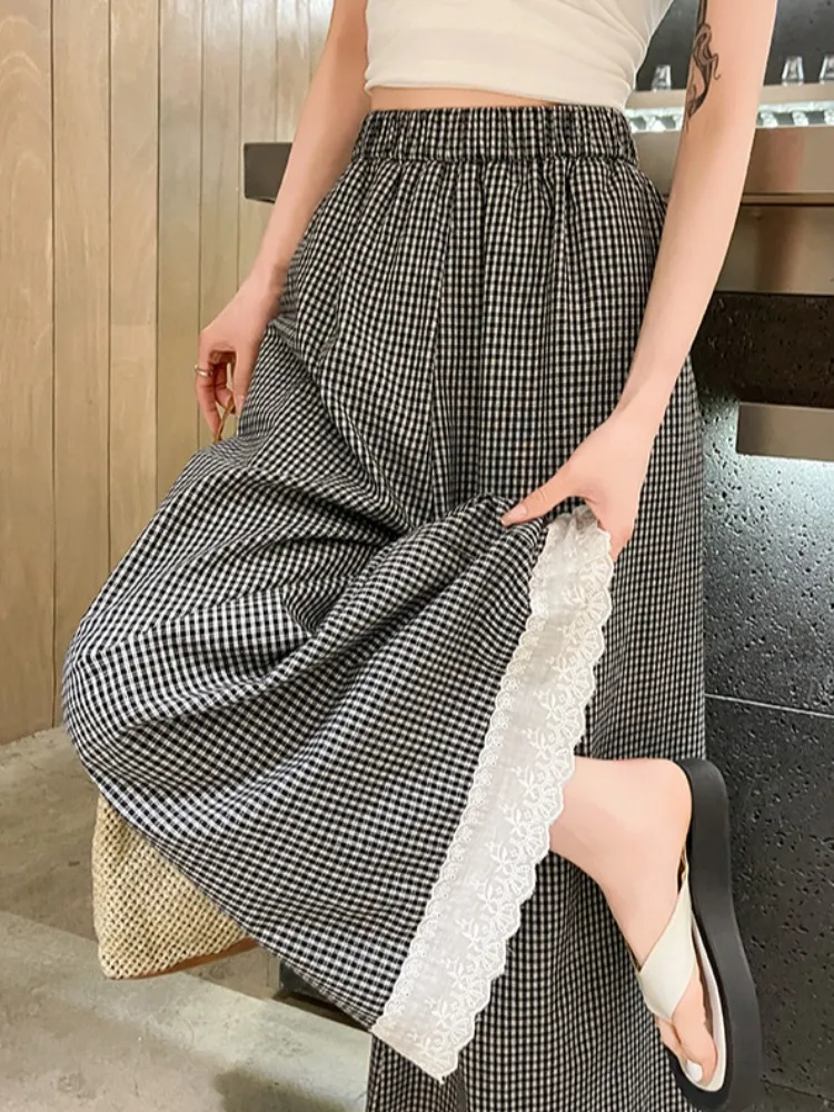 Spodnie damskie z wysokim stanem i szerokimi nogawkami, letnie spodnie-spódnica w stylu lazy, luźne, codzienne spodnie o długości 7/8 z prostymi nogawkami, z koronkowym wykończeniem, w kratę.