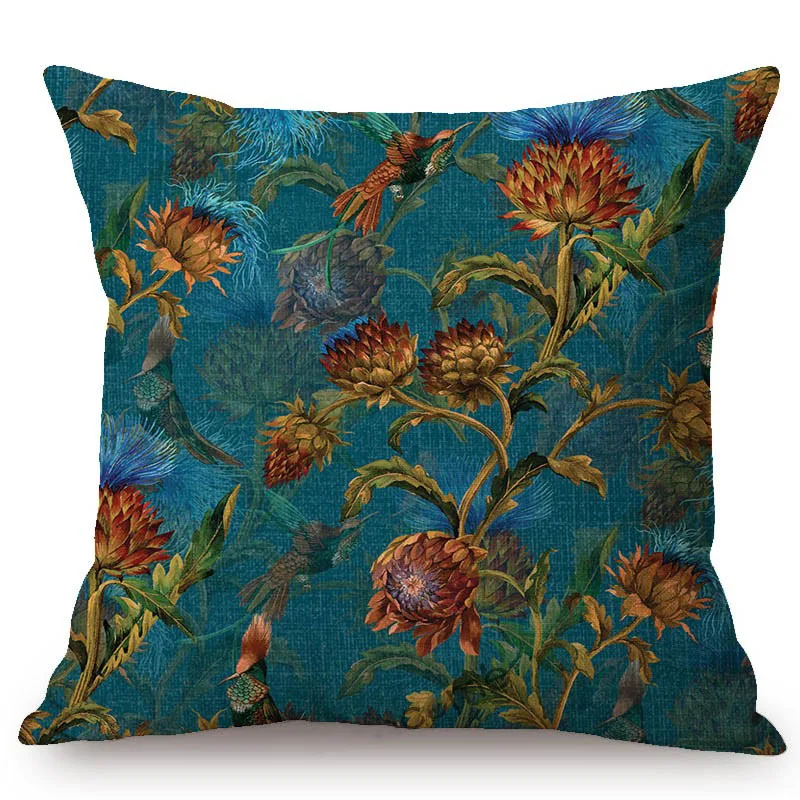 Tropical Floral Bird Art Palm Leaves Pineapple Cotton Linen Red Blue Green Sofa Pillow Case Rainforest Decorative Cushion Cover