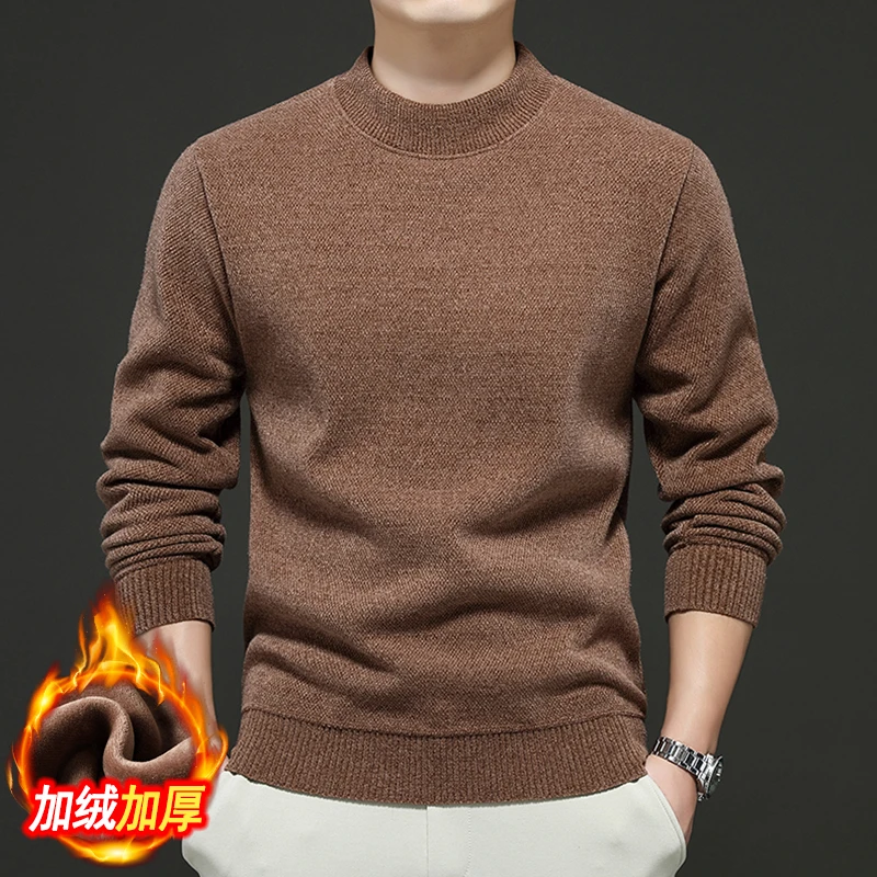 Men's Half High Collar Sweater Fleece Lined Thickened Long Sleeve Solid Color Warm Casual Knit Pullover Tops