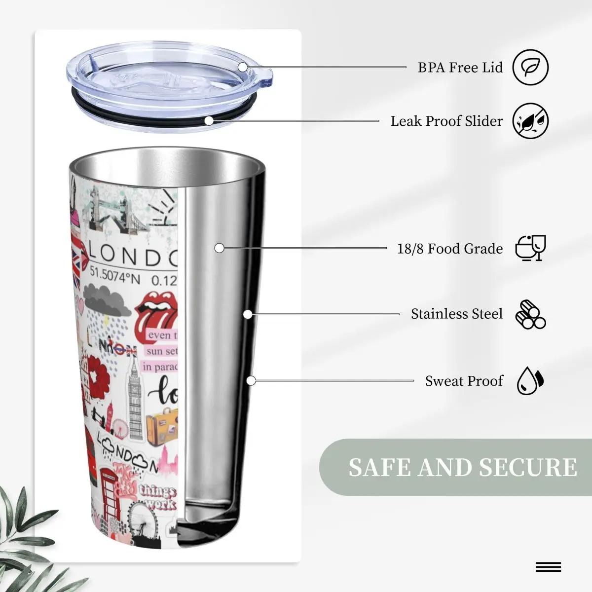 Paris London Stainless Steel Tumbler Union Jack Beach Car Mugs Large Thermal Cups Portable Cold Drink Milk Tea Water Bottle