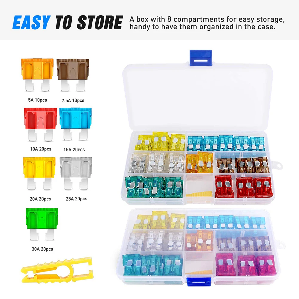 120 pcs Standard Fuse kit – 5, 7.5, 10, 15, 20, 25, 30 AMP – Regular APR/ATO (Open)/ATC Blade Fuses for Trucks, Boats