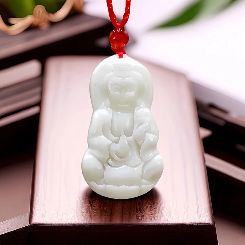 White Natural Real Jade Guanyin Pendant Necklace Designer Stone Accessories Chinese Amulet Carved Jewelry Charm Fashion Luxury