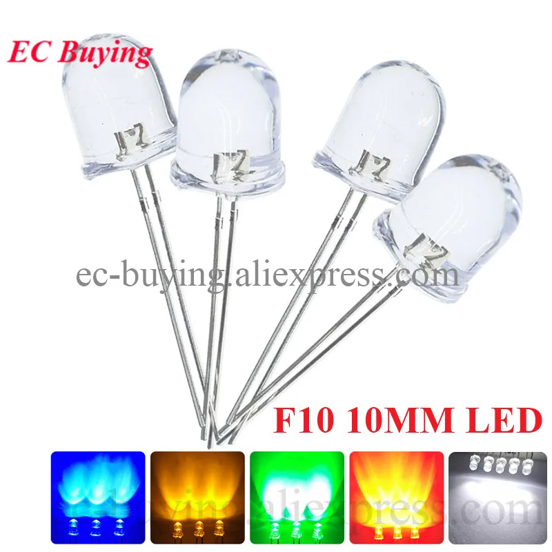 10pcs F10 10mm LED 5 Colors Red Blue Yellow Green White Transparent 20mA 0.75W Ultra Bright Round LED Light Emitting Diode Lamp