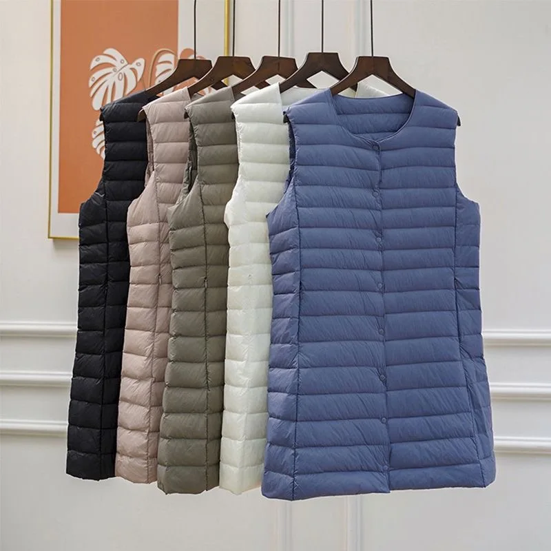 2025 Autumn and Winter New Round Neck V-Neck Women's Mid-length Down Vest All-match Fashion Slim-fit Mother's Mid-length Ware