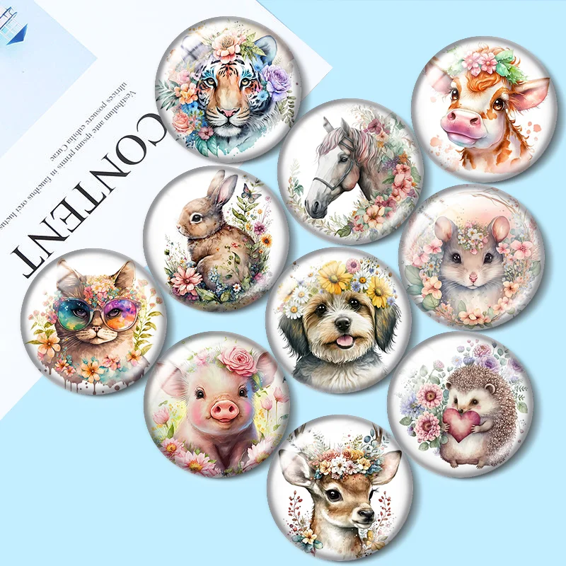 Watercolor flower action pattern DIY Tiger Ox deer horse 10pcs 2-30mm Round photo glassdemo flat back Making findings