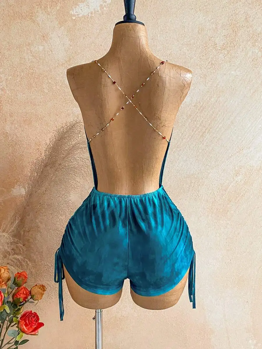 Soleia Women's Plunging Neck Dark Teal Beaded Chain Jumpsuit,Retro Printed Sun Totem Backless Bohemian Summer Casual Holiday