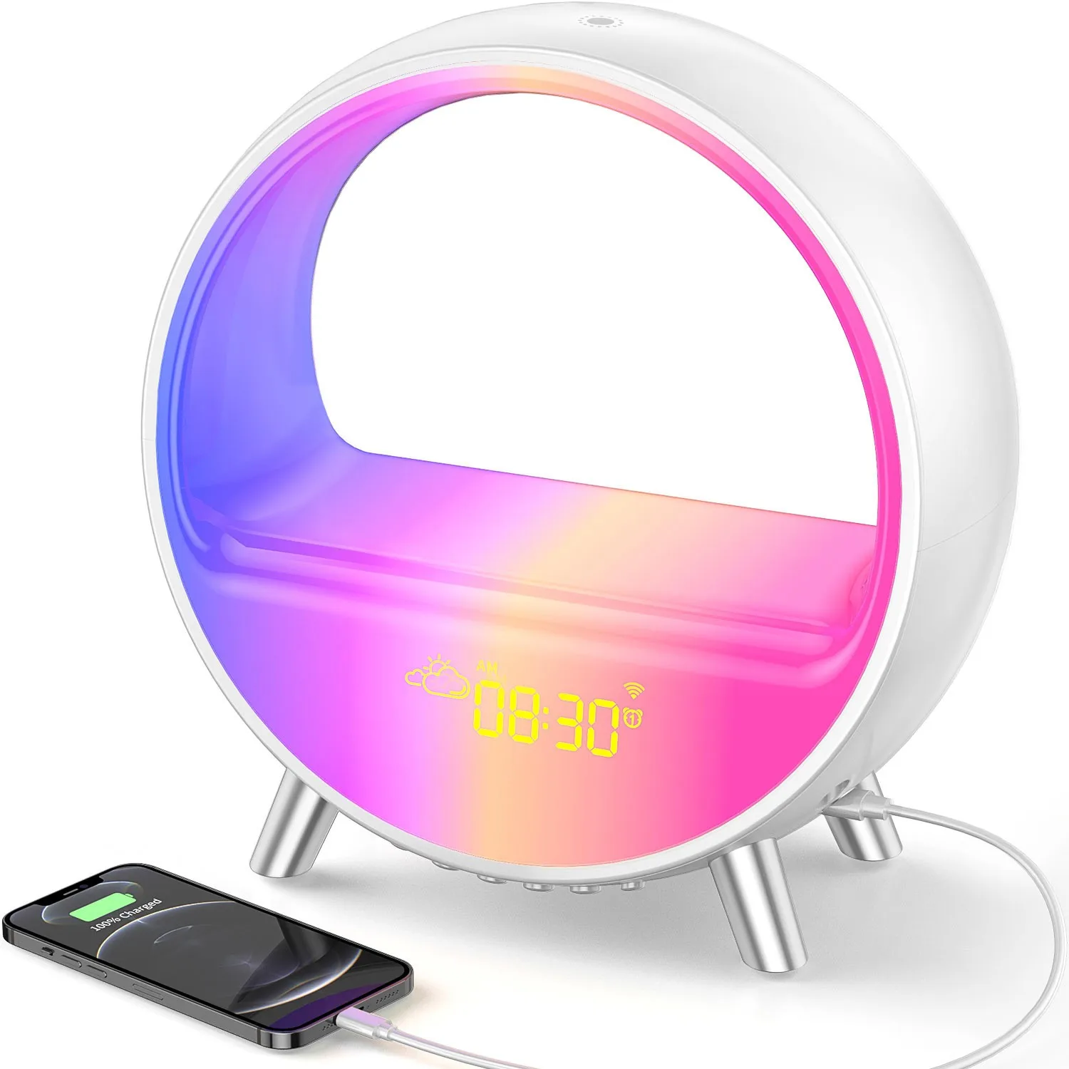 Factory Supply ABS Wireless Speak White Bedside Smart LED Table PC Metal Music Natrual Wake up Light With Digital Alarm