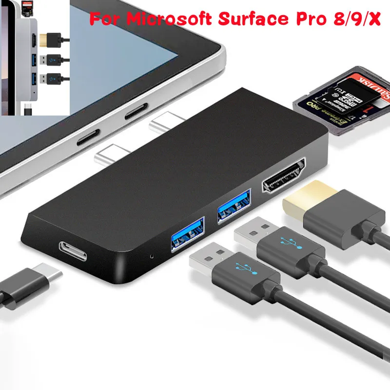 HUB For Microsoft Surface Pro 8 9 X Docking Station USB 3.0 HUB 4K HDMI-compatible TF SD Reader Adapter Laptop PD Charger Type-C