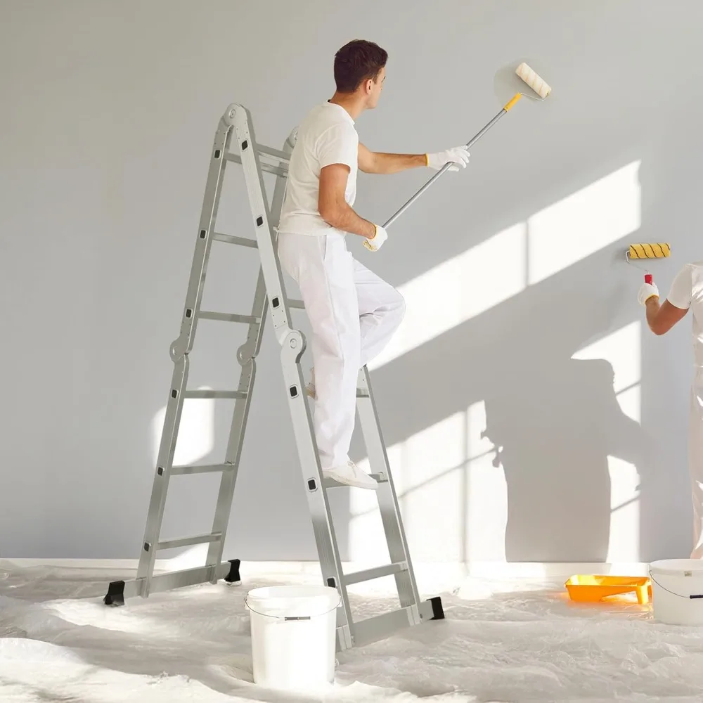 Escalera de extensión multiusos de aluminio 7 en 1: capacidad de 330 libras, escalera de andamio plegable de 12,5 pies para el hogar y la taller