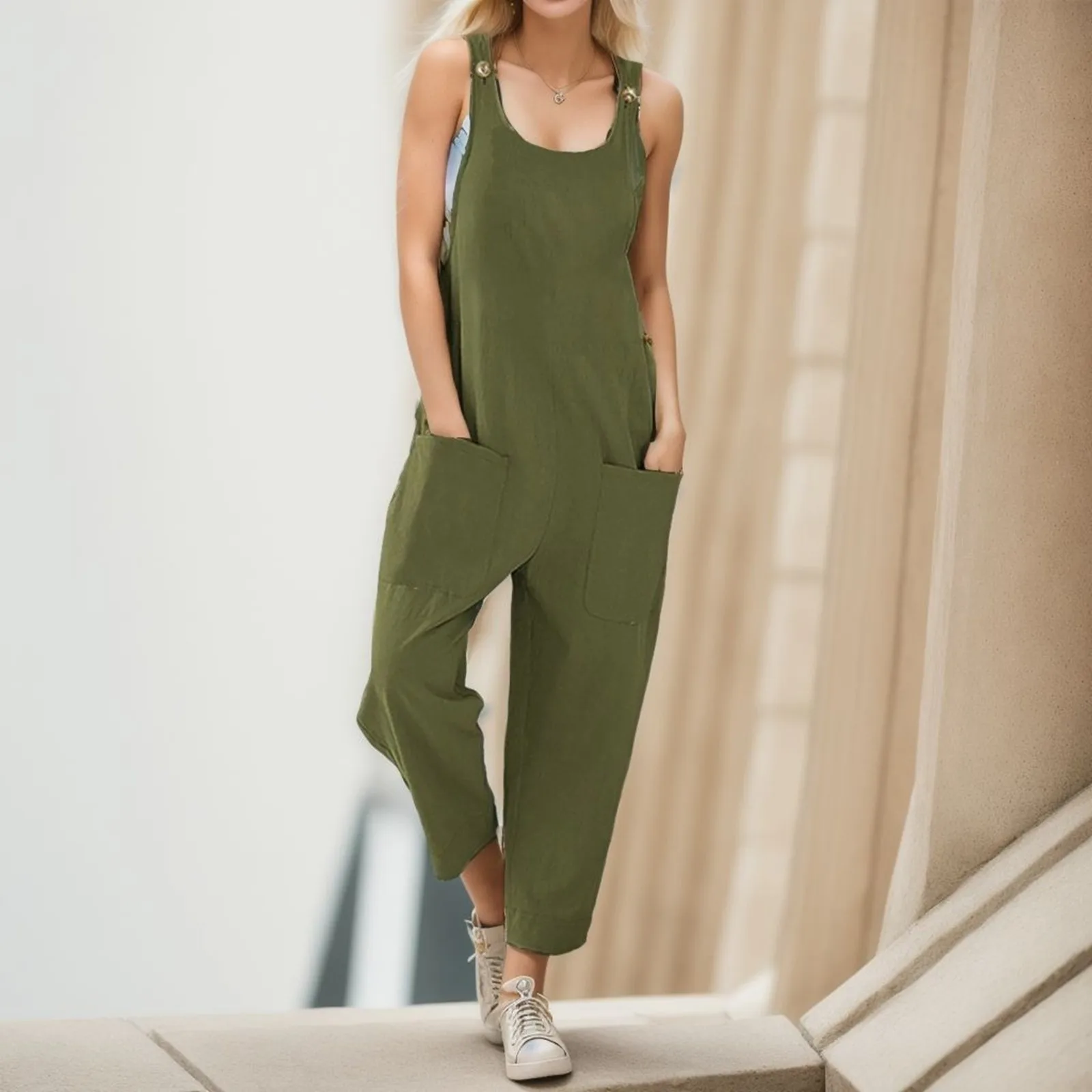 

Lady Casual Solid Color Jumpsuit Vintage Summer Strappy Cotton Linen Loose Harem Bib Overalls Wide Leg Pant Lace Up Long Romper