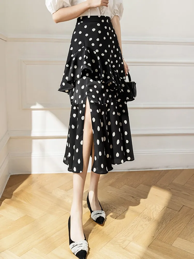 High Waist Chiffon Long Skirts Women New Arrival 2023 Spring Fashion Korean Style Polka Dot Ladies Elegant A-line Skirt W1301