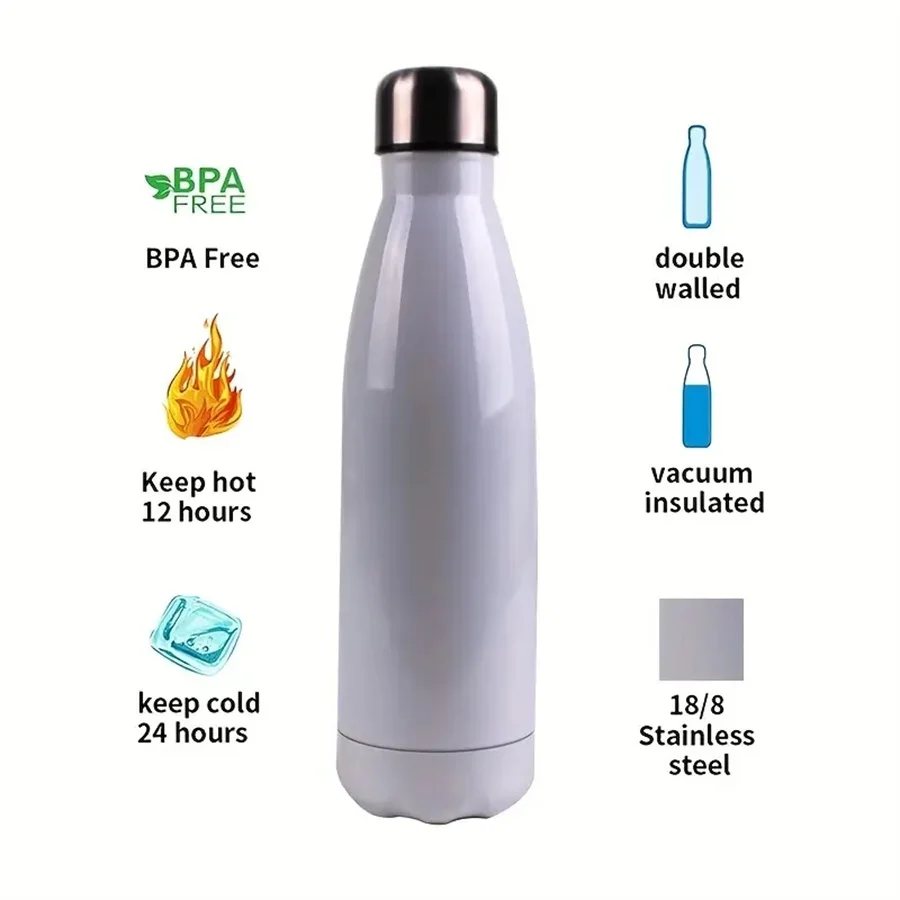 500ml/17oz Blank Sublimation White Water Bottle For Travel & Sports, Stainless Steel Double Wall Vacuum Insulated Flask