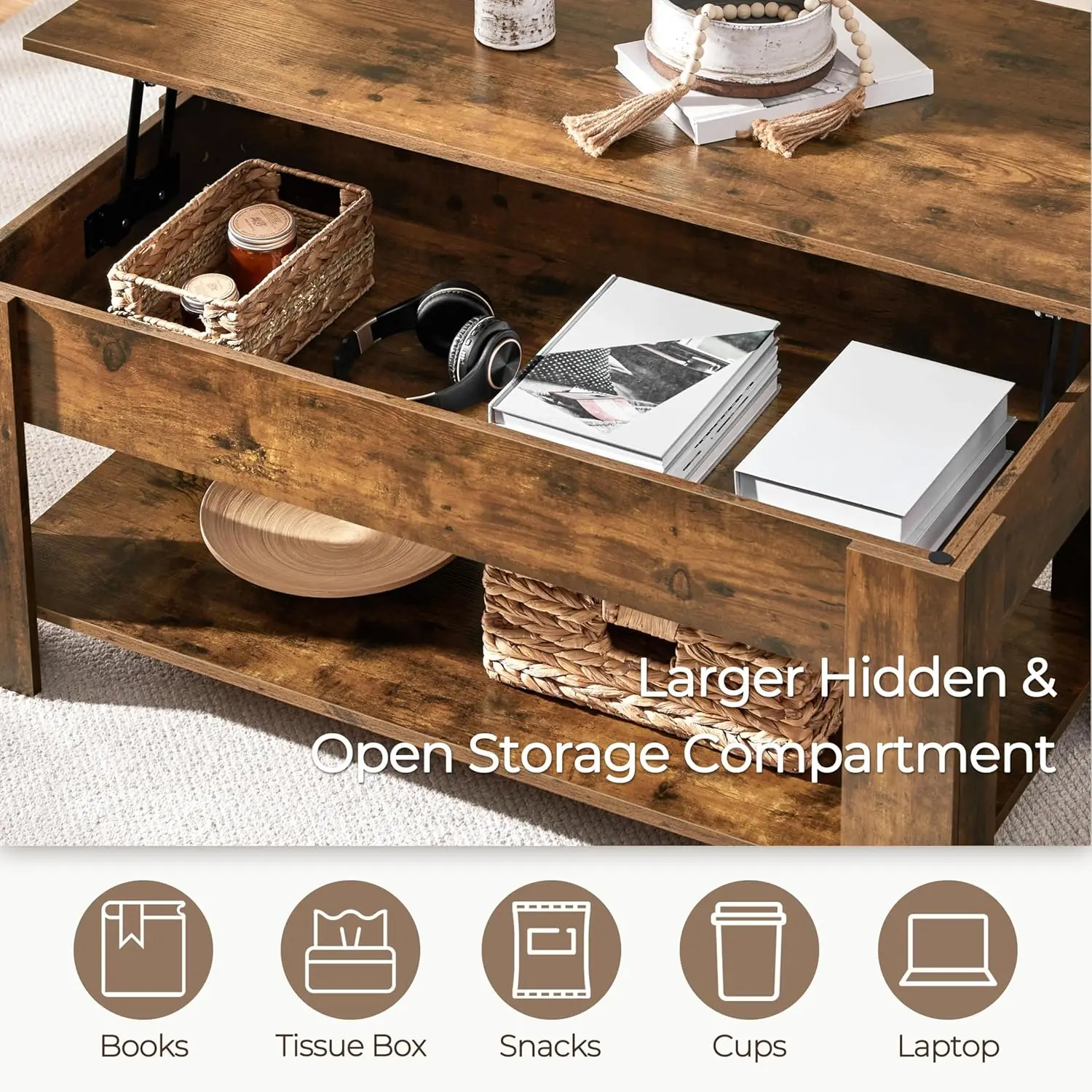 Coffee Table, 47.5in Lift top Coffee Table with Hidden Compartment and Storage Shelf, Lift Tabletop Dining Table