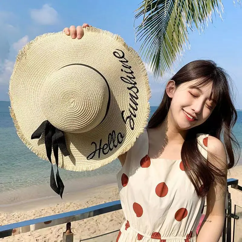 New Women Summer Beach Straw Hat Korean Seaside Brim Sunblock Sunshade Holiday Fashion Big Cool Bow Hat