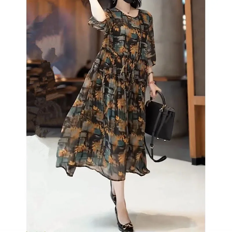 

Round Neck Elegant Vintage Printed Female Dresses Summer Korean Loose Half Sleeve Lace Up Casual Long Dress Women's Clothing