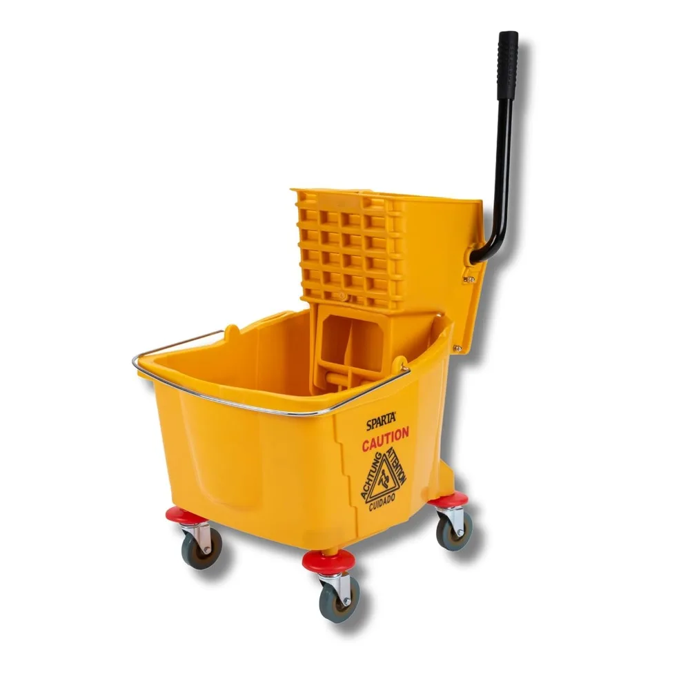 

35 Quart Commercial Mop Bucket with Side Press Wringer Pour Spout and Casters for Heavy Duty Cleaning in Yellow
