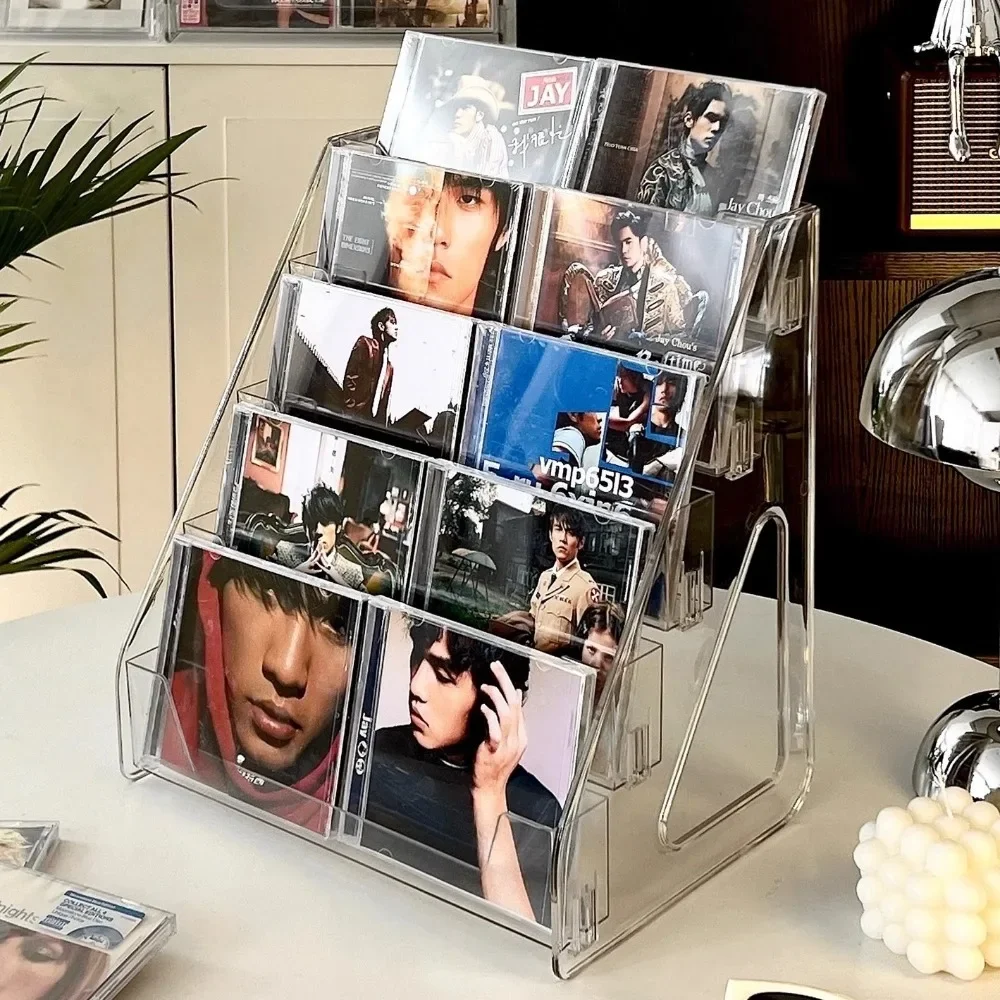 Estante acrílico para CD con escalones, caja de almacenamiento de discos de vinilo, soporte de exhibición multiusos para discos, DVD, cintas, álbumes