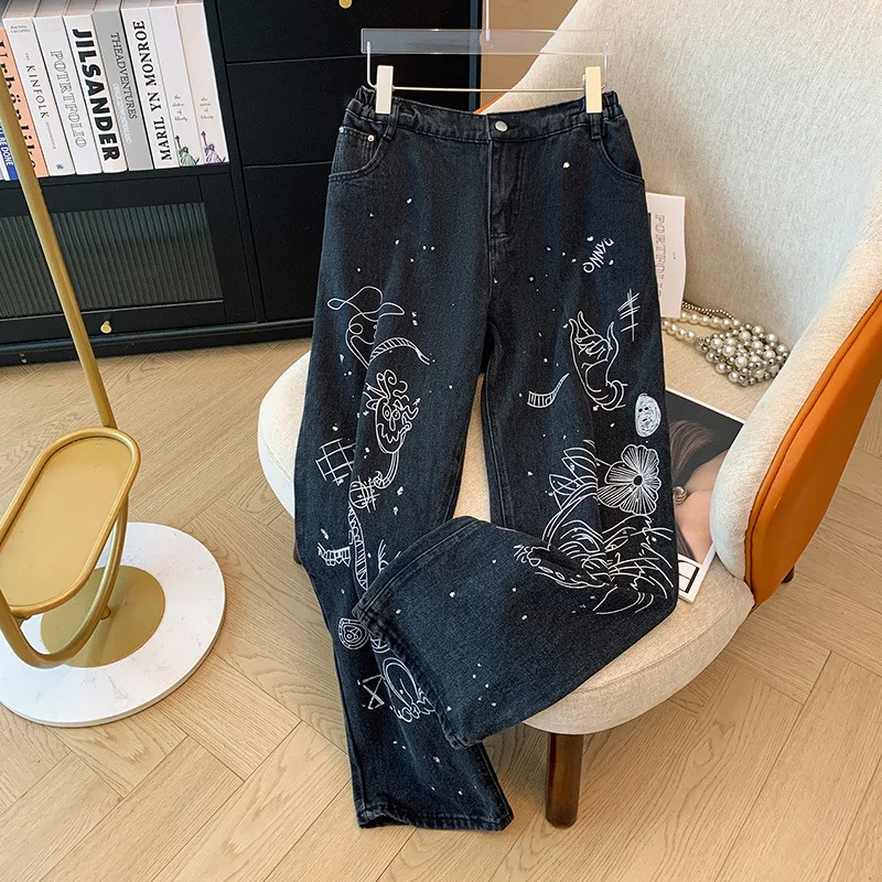 

150Kg Plus Size Women's Hip 154 Spring Autumn Loose Street Style Jeans Elastic Waist Straight Leg Printed Denim Pants 8XL 9XL