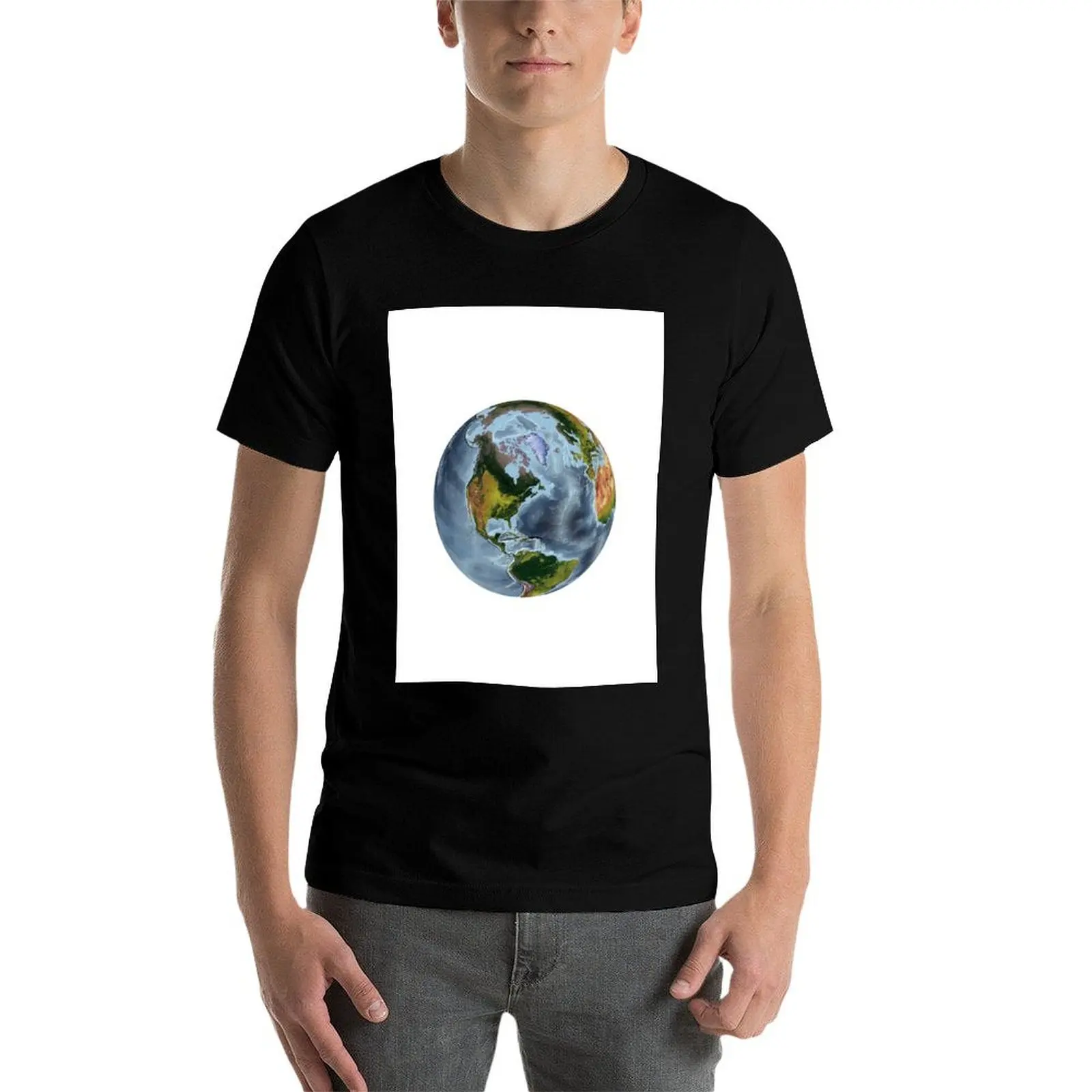 Afbeelding 5: De wereld uit de ruimteprojectie - World Relief Map met land en oceanen T-shirt katoenen t-shirts van hoge kwaliteit T-shirt