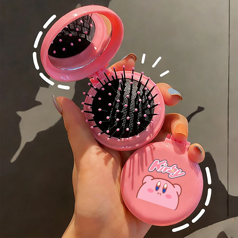 Kirbys Girl Mini Portable Mirror Folding Comb Women Travel Portable Round Pocket Small Massage Hair Brush with Mirror Kids Gift
