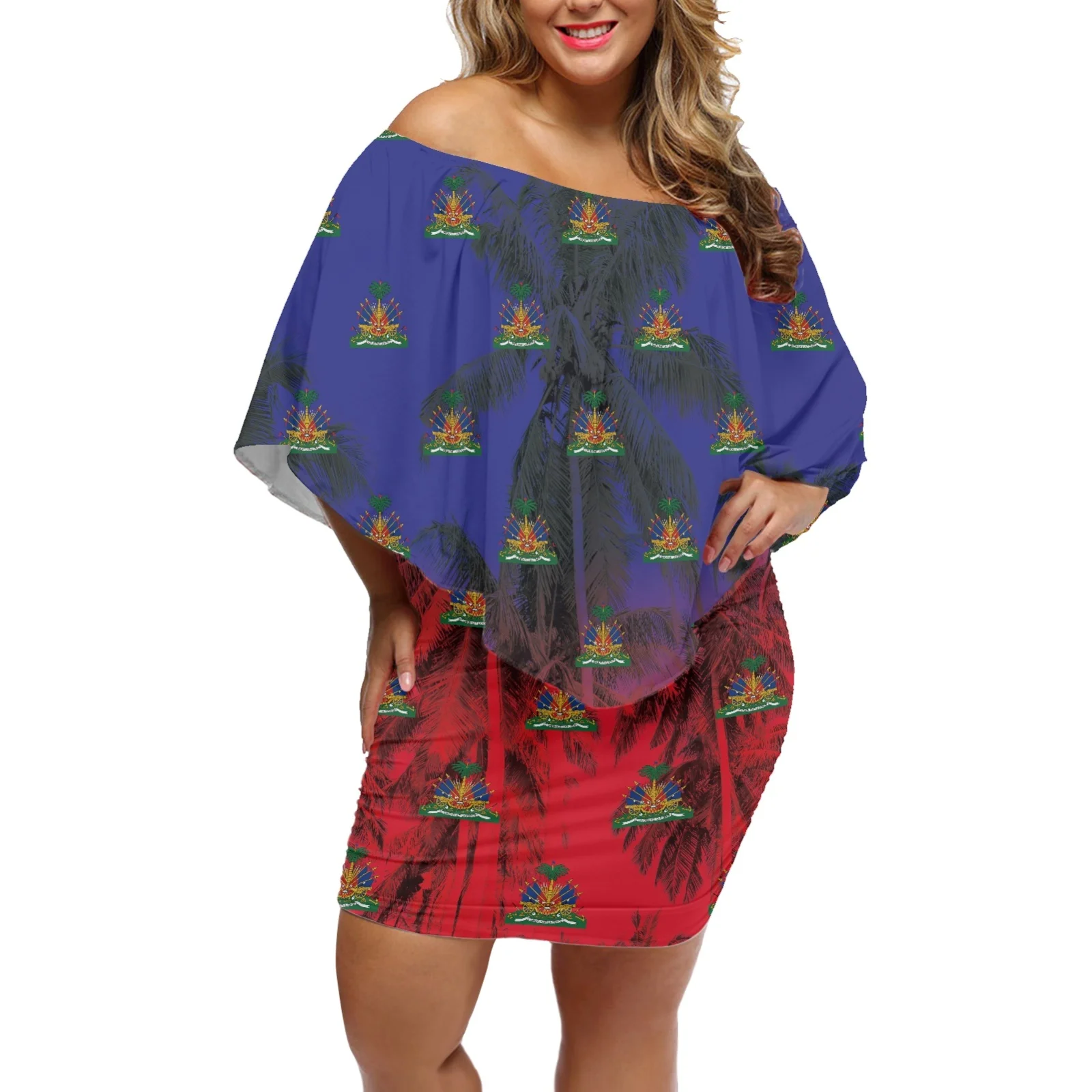 Fashion Summer 2023 Women's Banqueting Skirts  Haitian Logo Print Elegant Women Dress Off Shoulder Bat Sleeves Buttocks Skirt