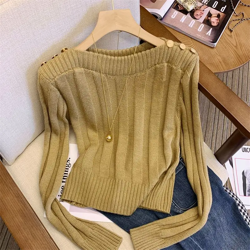 Simplicity Office Lady Autumn Sweaters Women\'s Solid O-Neck Shoulder Buckle Fashion Casual Long Sleeve Pullovers Knitted Tops