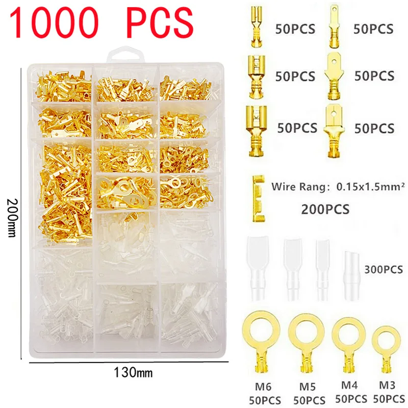 1000 Quick Splicing Crimping Terminal 2.8/4.8/6.3mm Male/Bus Spade Connector Wire Crimping Terminal Block with Insulating Sleeve