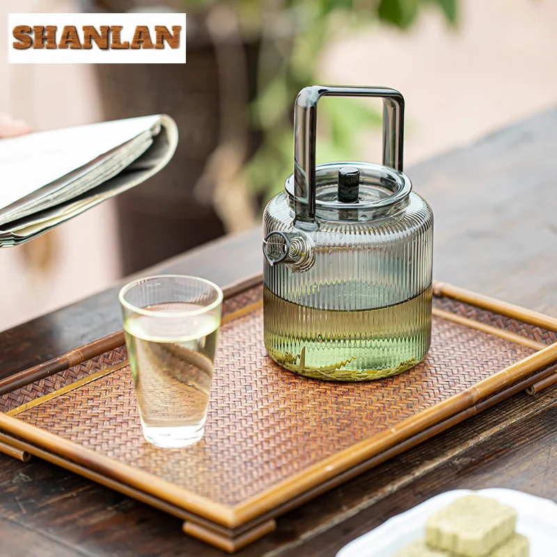 

550ml Vertical Pattern Glass Teapot Green Tea Brewing Loop-handled Pot Transparent Cold Soaking Kettle Teapots to Boil Water Pot