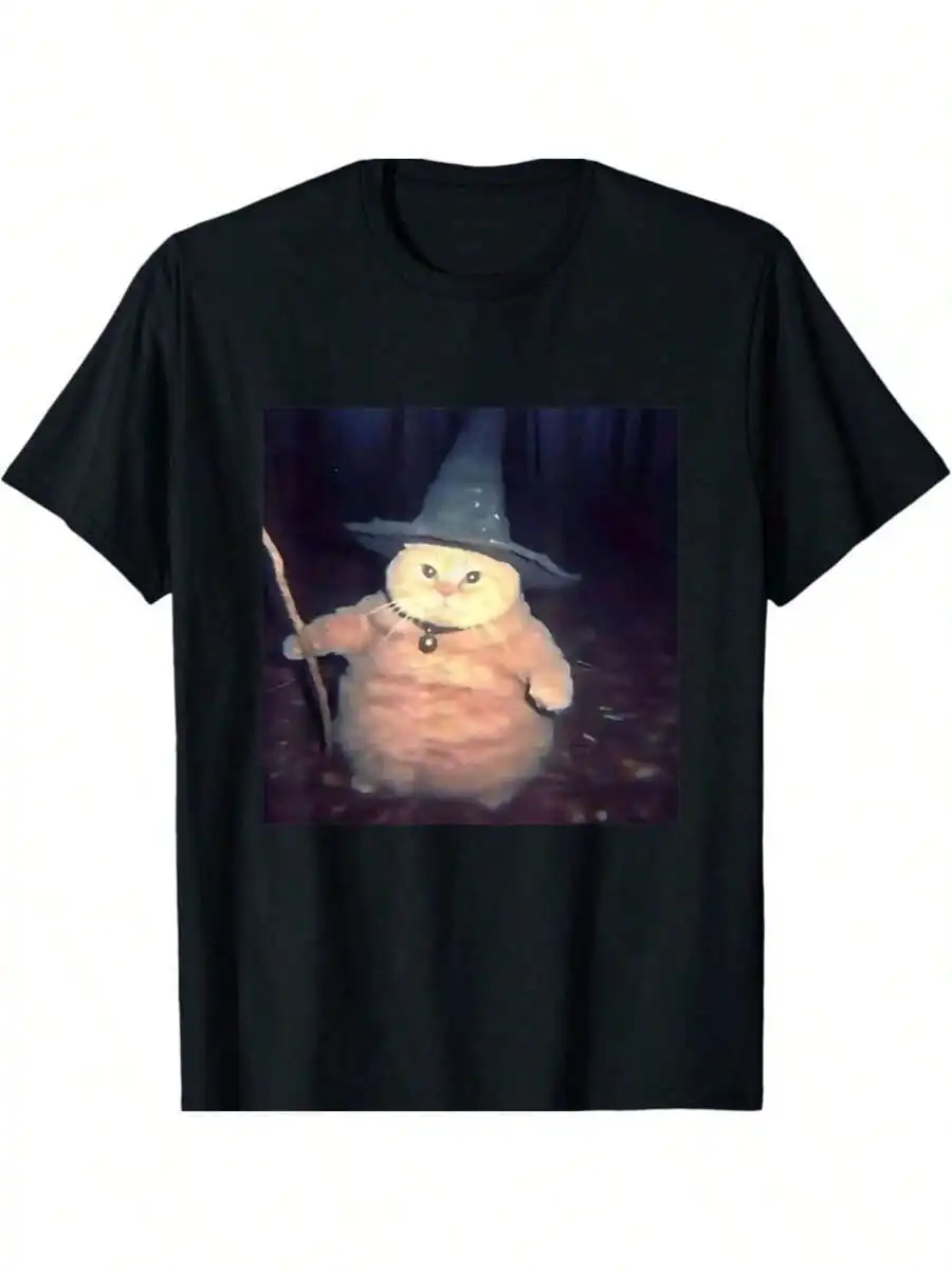 Wizard Cat Weird Funny Halloween Cat Meme Tee Gifts for Women Printed Tee Fashion  Hip Hop Style Round Collar Short Sleeve Tee
