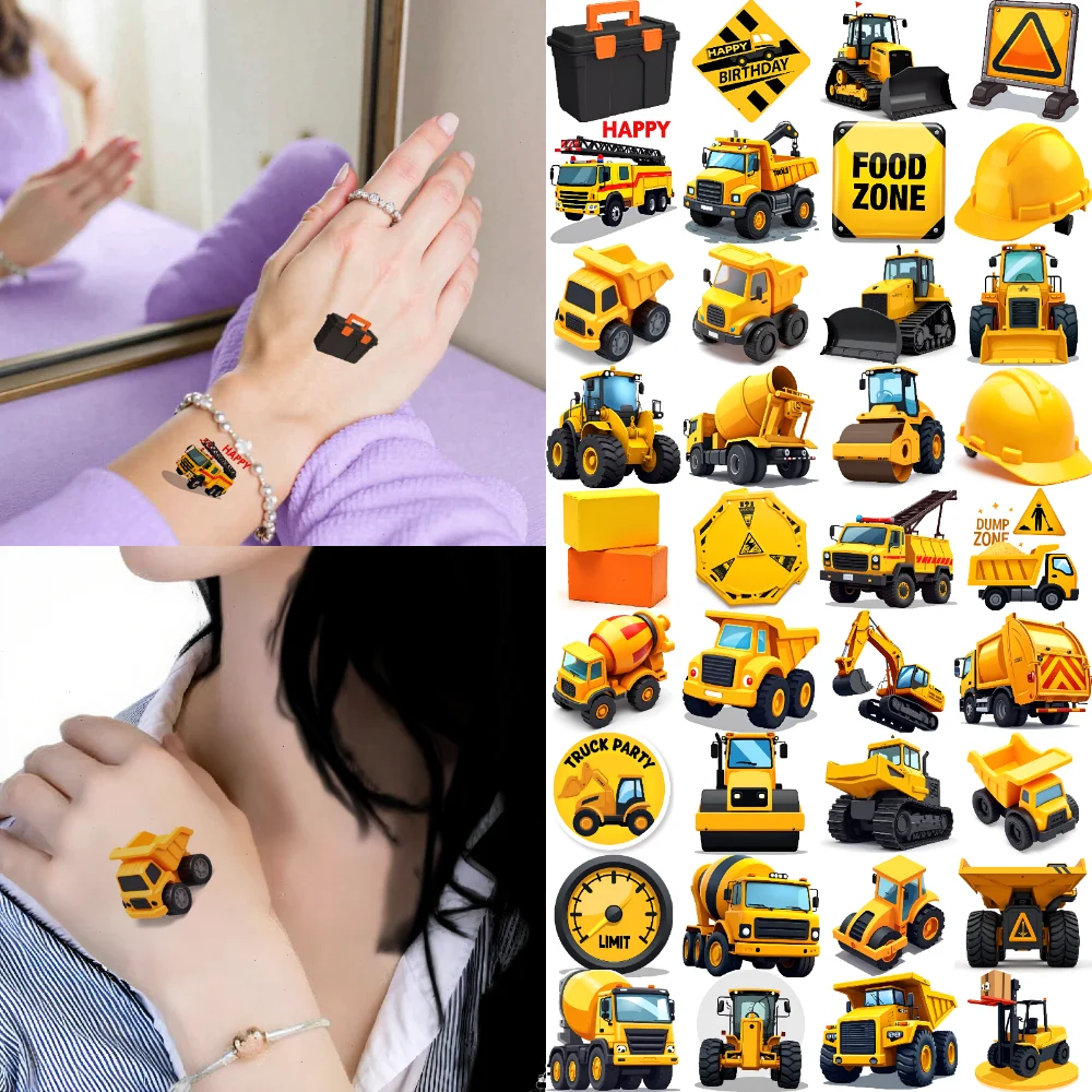 63pcs Temporary Tattoo Construction Vehicles Temporary Tattoo Stickers Warning Signs Cartoon For Cheeks Women Shoulders