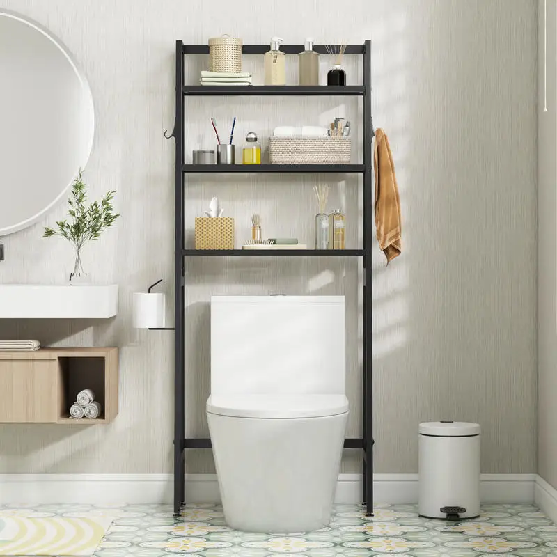 Over the Toilet Storage Shelf, 3-Tier Bathroom Space Saver Organizer Rack with Adjustable Bottom Bar, for Restroom Toilet Area Storage, Black