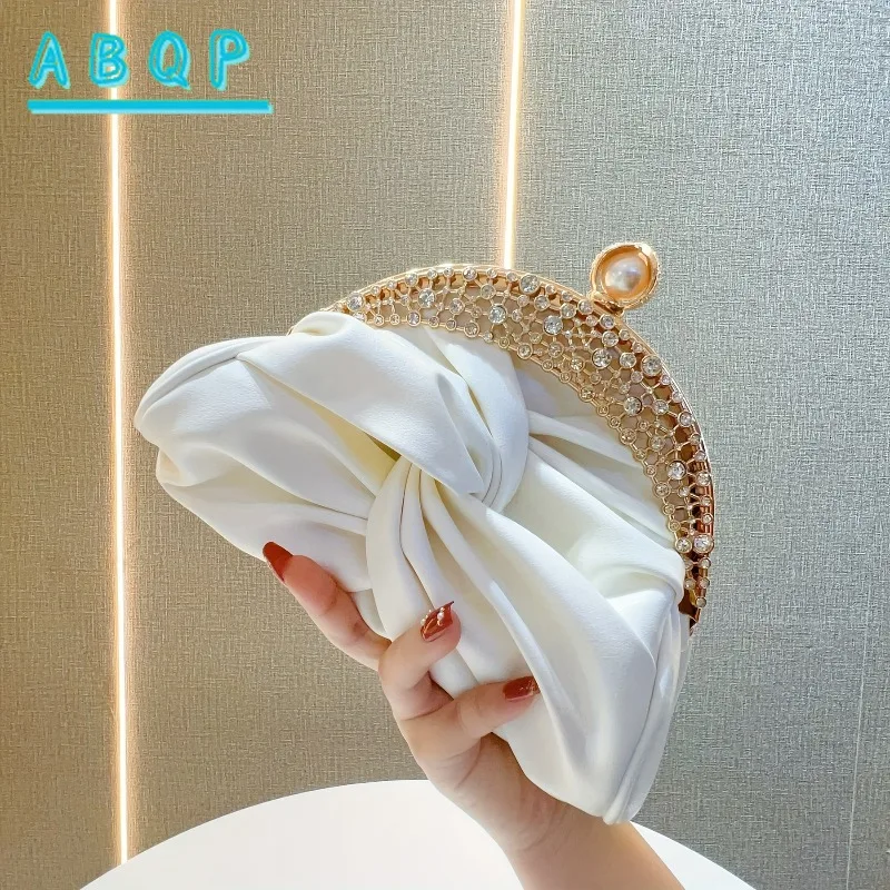 

Elegant White Mini Clutch Golden Rhinestone Crown Pearl Accents for Evening Parties Banquets Ladies Handbag