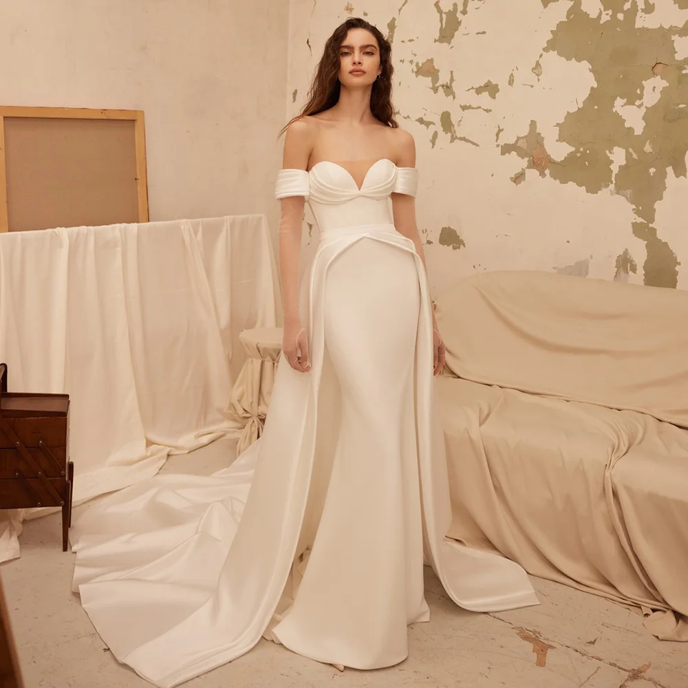 Classy Hall Wedding Dresses Satin Mermaid/Trumpet Women's Dresses Trend 2025 Ivory Off-the-shoulder Tailing Pleat Wedding Dress
