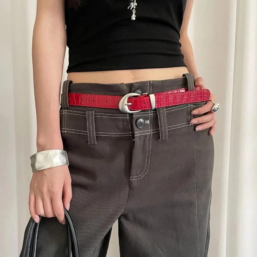 

High-End Crocodile Pattern Women's Belt Y2k PU Leather Thin Waist Belt Korean Black Red Dress Jeans Belt For Ladies