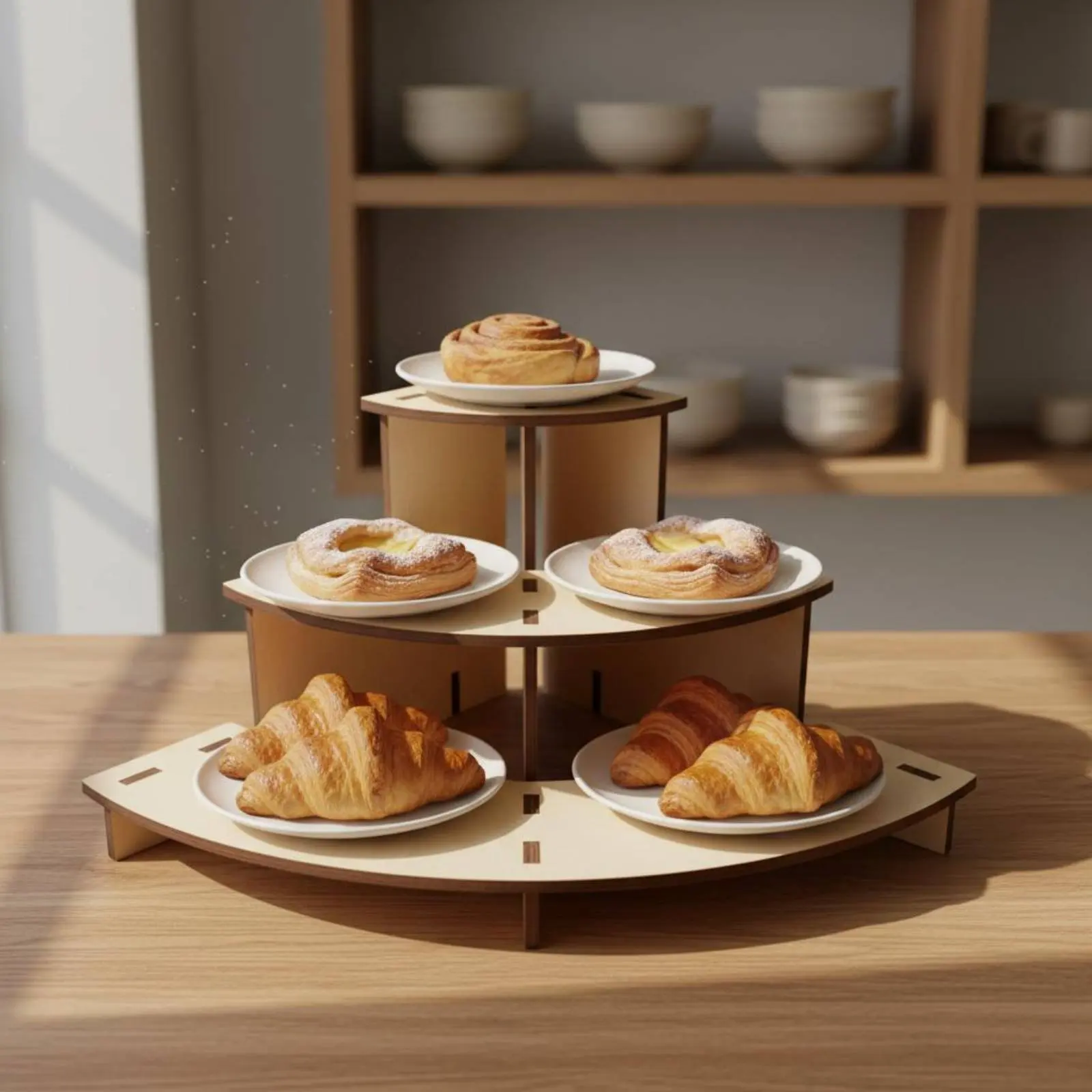 Three-Tier Wooden Display Riser Multi-Tier Countertop Figurine Display Curved Pastry Stand Adaptable Design for Collectors