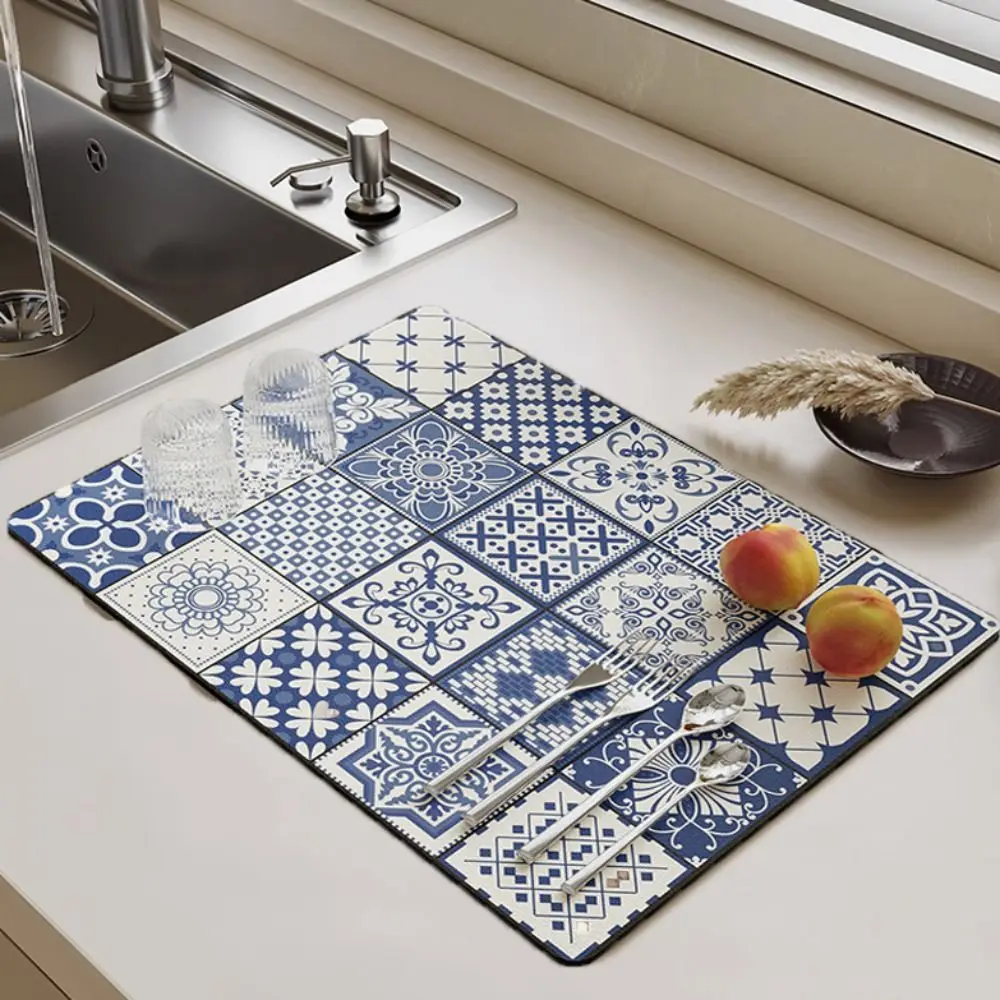 Baroque Moroccan Style Pattern Dish Drying Mat Tableware Placemat Anti-slip Absorbent Cup Bottle Drain Mat Tableware Mat