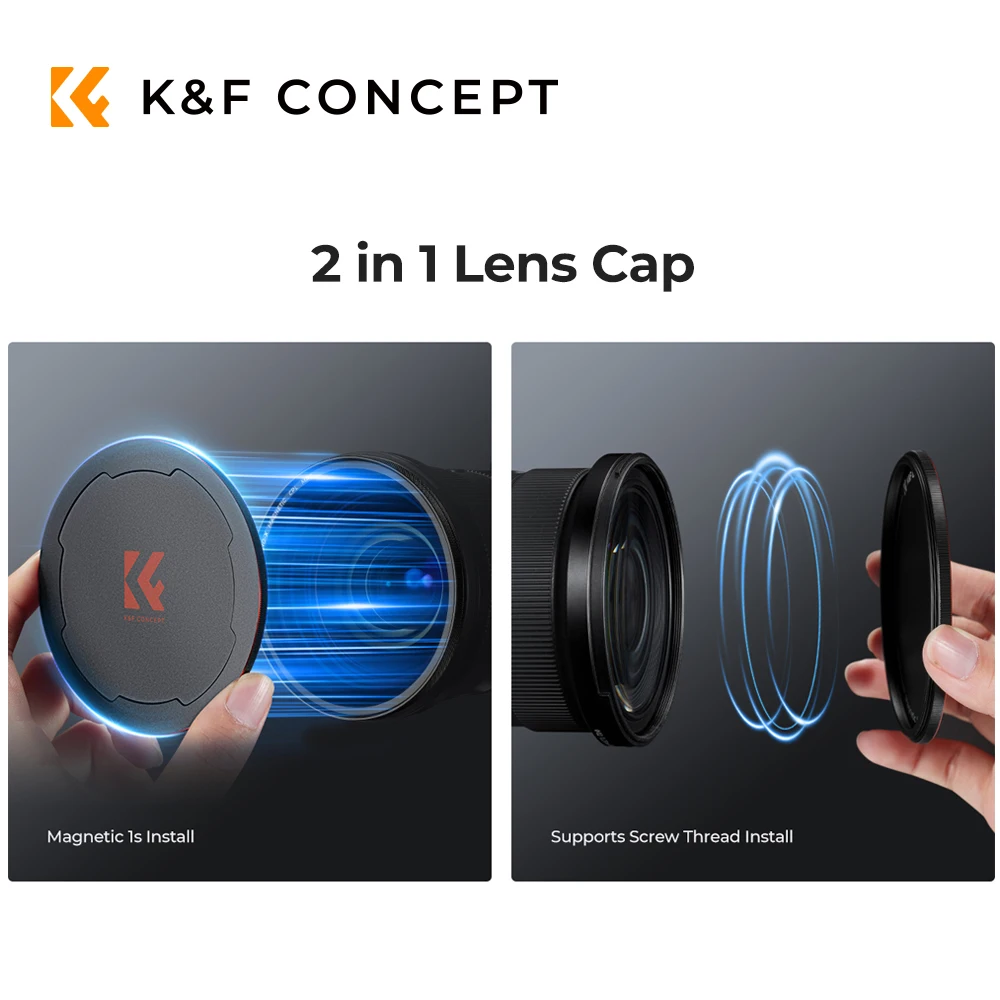 Tampa de lente de metal com filtro magnético K&F CONCEPT, compatível apenas com filtros magnéticos K&F Concept 49/52/55/58/62/67/72/77/82/86/95mm