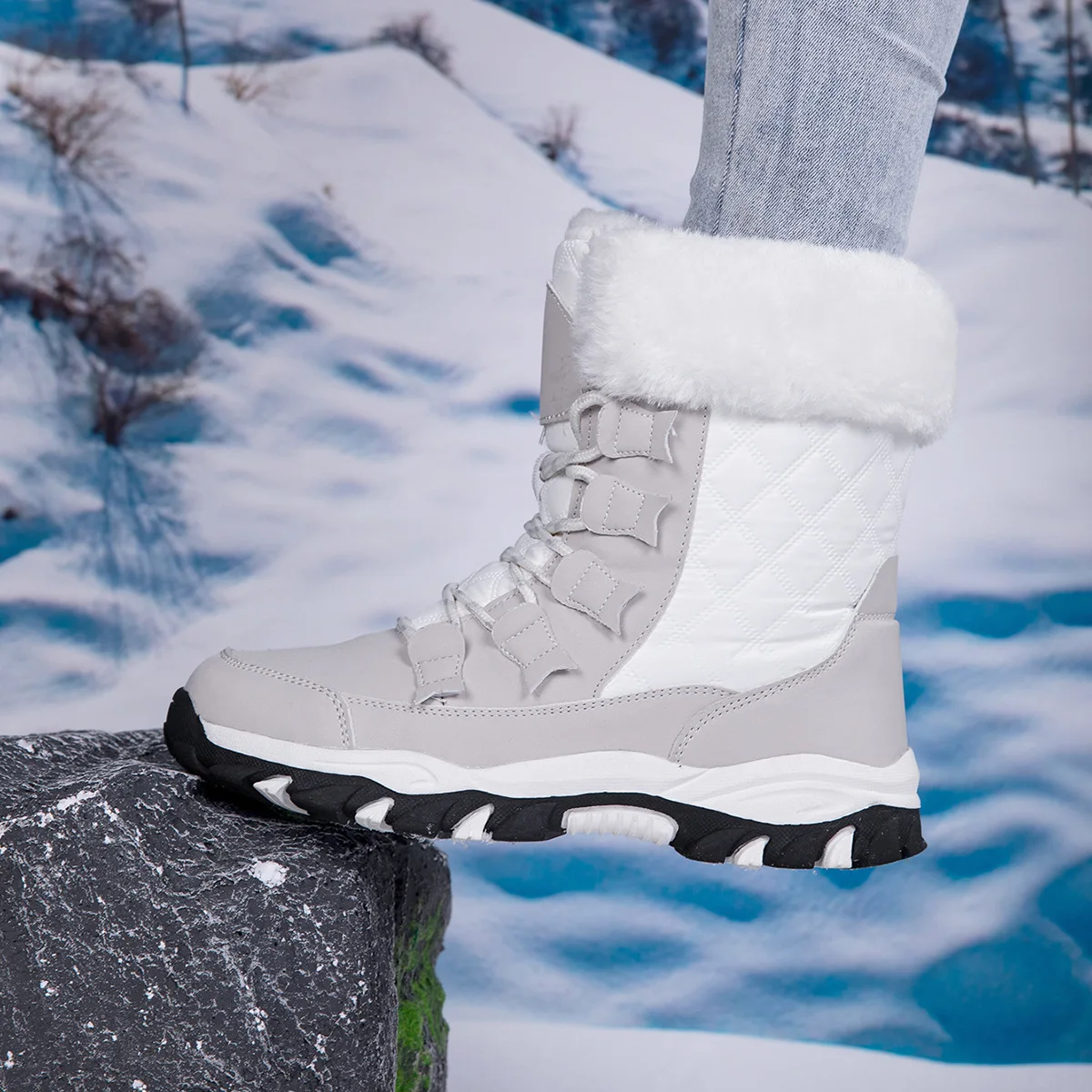 

Larger Size Winter Snow Boots Women's High Top Cotton oes Fce Lined Outdoor Wearable Comfortable Warm Anti-slip Boots