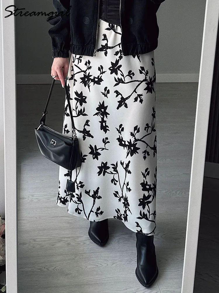 Vintage Printed Skirts Women Long A Line Satin Floral Skirts White Ladies Office Summer Autumn Elegant Women's Silk Skirts 2025